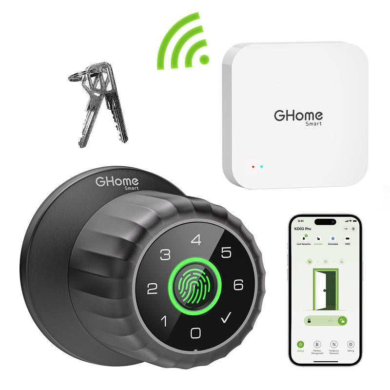 [New Arrival] Ghome Smart 4-In-1 Keyless Entry Door Knob – Rechargeable Battery, Biometric Fingerprint, Keypad, App & Bluetooth Control, Removable Charging for Easy Power Access