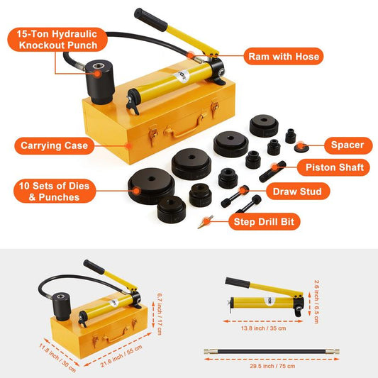 VEVOR Hydraulic Knockout Punch Kit, 15 Ton 1/2" to 4" Conduit Hole Cutter Set, KO Tool Kits with Puncher 10 Piece, Metal Sheet Driver Tools, for Aluminum, Brass, Stainless Steel, Fiberglass and Plasti
