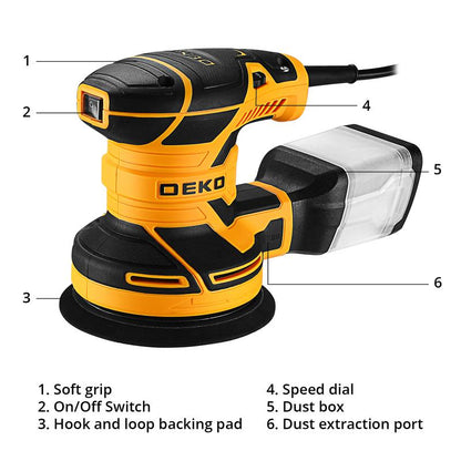 DEKOPRO Random Orbital Electric Sander with 16 Sandpapers, 14000RPM, 5-Inch, High Performance Dust Collection - for Woodworking