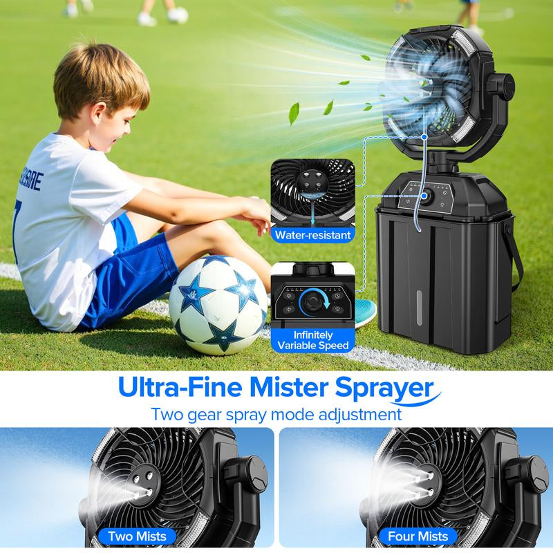 Youngsa Portable Camping Misting Fan with 6L Bucket 32000Mah Rechargeable Multifunction Fan,Infinitely Variable Speed,4 Spray Mister with LED Lantern,Remote & Hook for Patios,Fishing,Travel,Garden Party,Golf,Outside Fathersdaygift