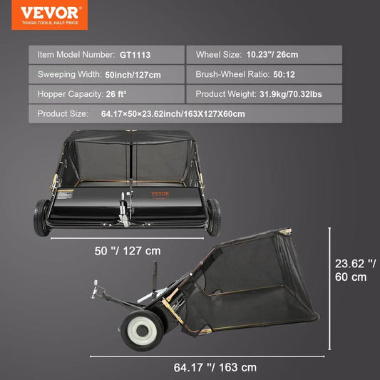 VEVOR Tow behind Lawn Sweeper, Pull behind Lawn Sweeper 50", 26 Cu. Ft Large Capacity Leaf & Grass Collector, with Adjustable Sweeping Height and Dumping Rope Design for Picking up Debris and Grass Powerful Spinning