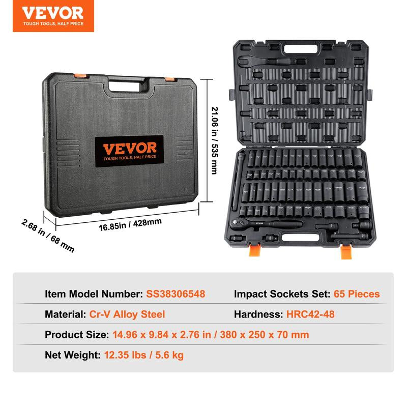 VEVOR 1/2" Drive Impact Socket Set, 65 Piece Socket Set SAE 3/8" to 1-1/4" and Metric 10-24Mm, 6 Point Cr-V Alloy Steel for Auto Repair, Rugged Construction, Easy-To-Read Size Markings, Storage Case Heavy Duty Fathersdaygift