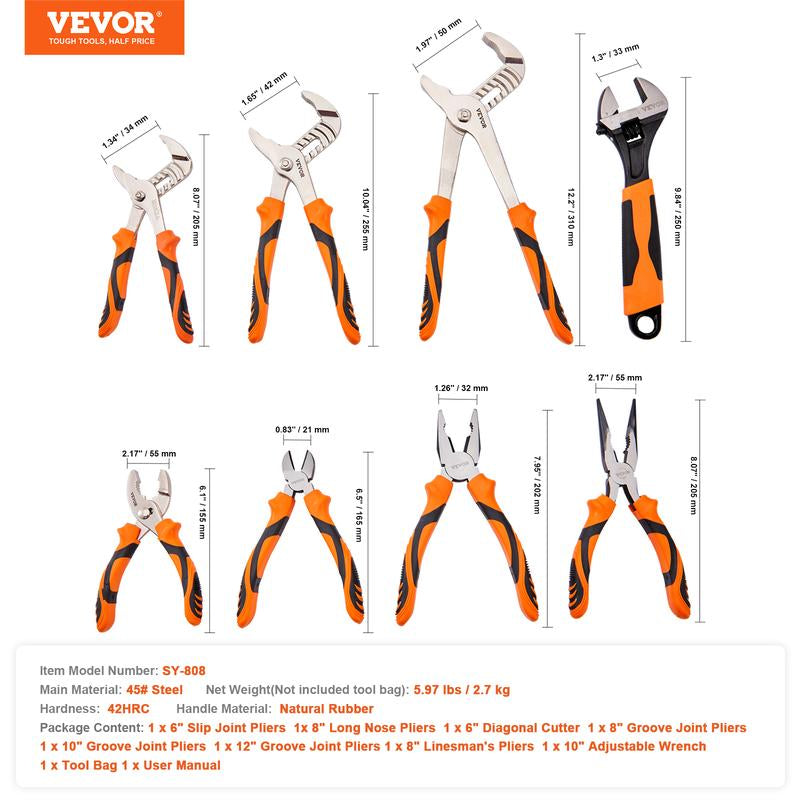 VEVOR 8-Piece Pliers Set, High Carbon Steel, 12"/10"/8" Groove Joint Pliers, 8" Linesman'S Pliers, 6" Slip Joint Pliers, 8" Long Nose Pliers, 6" Diagonal Cutter, 10" Adjustable Wrench, and Tool Bag