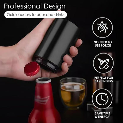 Stainless Steel Bottle Opener, 1 Count Automatic Beer Bottle Opener, Magnetic Bottle Cap Catcher, Portable Travel Accessories Tools, Modern Black Bartender Tool for Home Picnic Camping, Insulated