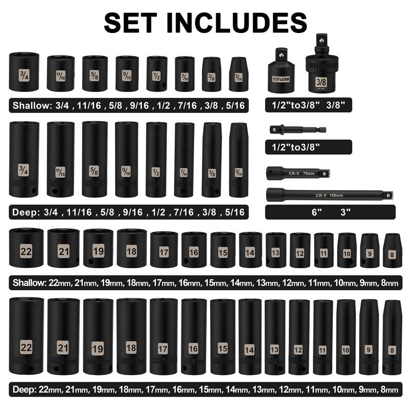 49 Pieces 3/8" Drive Impact Socket Set, 5/16"-3/4", 8-22MM, Sae/Metric, 6 Point, CR-V, Includes Extension Bar, Adapter, Universal Joint Tool Box Heavy Duty Hardware Industrial