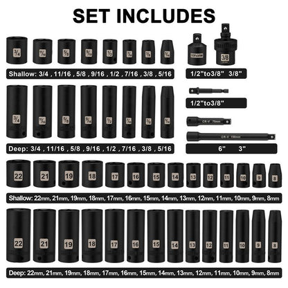 49 Pieces 3/8" Drive Impact Socket Set, 5/16"-3/4", 8-22MM, Sae/Metric, 6 Point, CR-V, Includes Extension Bar, Adapter, Universal Joint Tool Box Heavy Duty Hardware Industrial