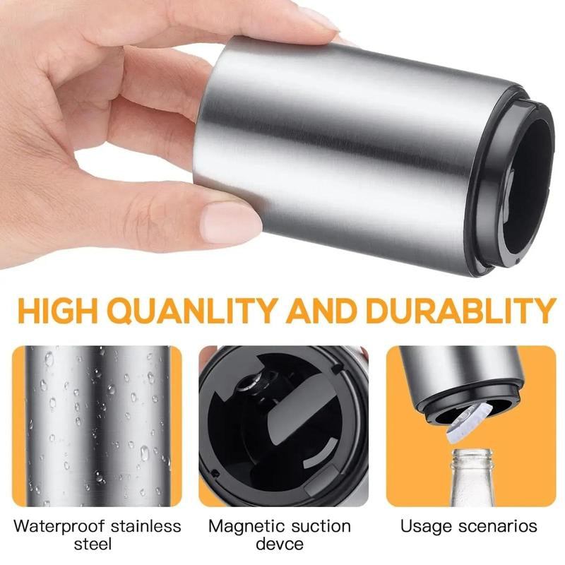 Stainless Steel Bottle Opener, 1 Count Automatic Beer Bottle Opener, Magnetic Bottle Cap Catcher, Portable Travel Accessories Tools, Modern Black Bartender Tool for Home Picnic Camping, Insulated