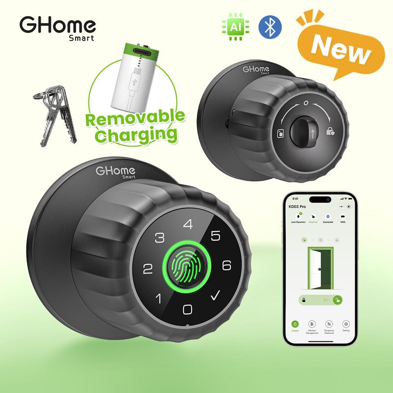 [New Arrival] Ghome Smart 4-In-1 Keyless Entry Door Knob – Rechargeable Battery, Biometric Fingerprint, Keypad, App & Bluetooth Control, Removable Charging for Easy Power Access