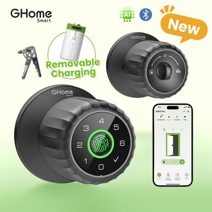 [New Arrival] Ghome Smart 4-In-1 Keyless Entry Door Knob – Rechargeable Battery, Biometric Fingerprint, Keypad, App & Bluetooth Control, Removable Charging for Easy Power Access