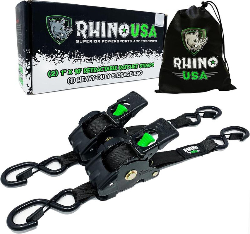 Rhino USA 1" X 10' Retractable Ratchet Straps (Select 2 Pack or 4 Pack) - Heavy Duty Self Retracting Tie down Straps for Truck, Cargo Trailer