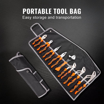 VEVOR 8-Piece Pliers Set, High Carbon Steel, 12"/10"/8" Groove Joint Pliers, 8" Linesman'S Pliers, 6" Slip Joint Pliers, 8" Long Nose Pliers, 6" Diagonal Cutter, 10" Adjustable Wrench, and Tool Bag