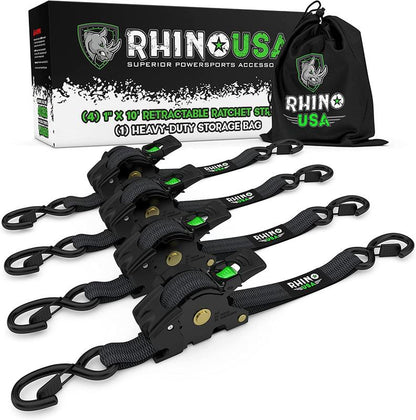 Rhino USA 1" X 10' Retractable Ratchet Straps (Select 2 Pack or 4 Pack) - Heavy Duty Self Retracting Tie down Straps for Truck, Cargo Trailer