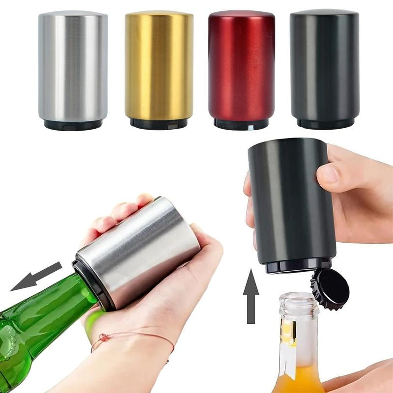 Stainless Steel Bottle Opener, 1 Count Automatic Beer Bottle Opener, Magnetic Bottle Cap Catcher, Portable Travel Accessories Tools, Modern Black Bartender Tool for Home Picnic Camping, Insulated