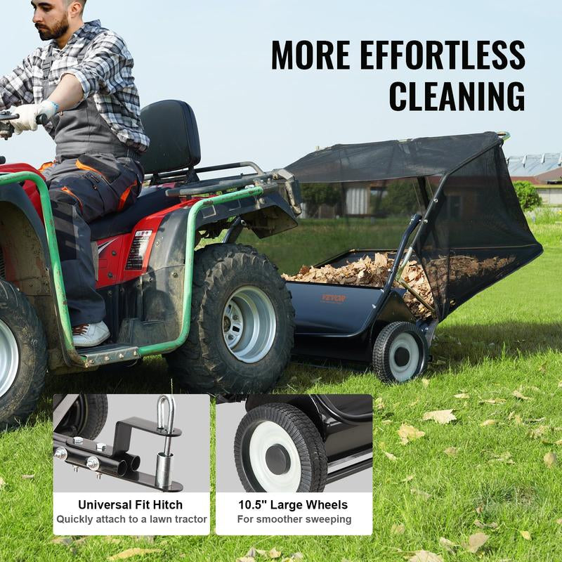 VEVOR Tow behind Lawn Sweeper, Pull behind Lawn Sweeper 50", 26 Cu. Ft Large Capacity Leaf & Grass Collector, with Adjustable Sweeping Height and Dumping Rope Design for Picking up Debris and Grass Powerful Spinning