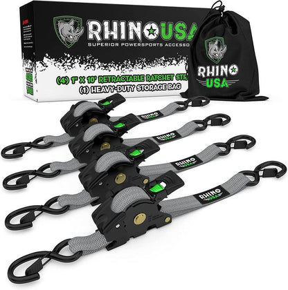 Rhino USA 1" X 10' Retractable Ratchet Straps (Select 2 Pack or 4 Pack) - Heavy Duty Self Retracting Tie down Straps for Truck, Cargo Trailer