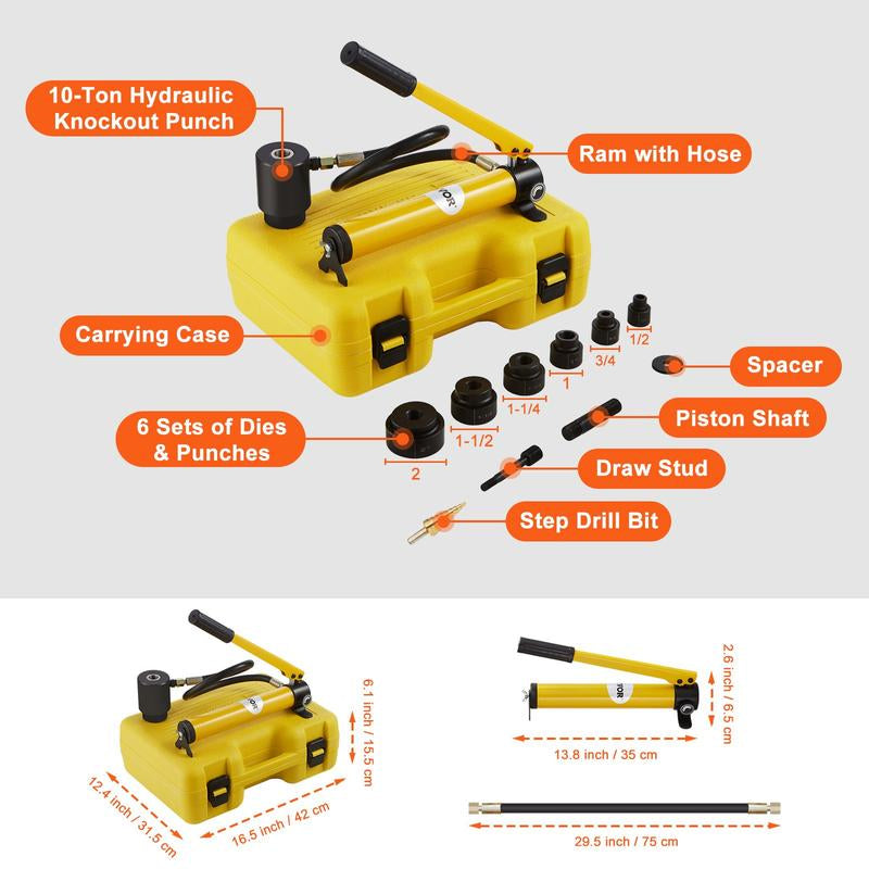 VEVOR Hydraulic Knockout Punch Kit, 15 Ton 1/2" to 4" Conduit Hole Cutter Set, KO Tool Kits with Puncher 10 Piece, Metal Sheet Driver Tools, for Aluminum, Brass, Stainless Steel, Fiberglass and Plasti