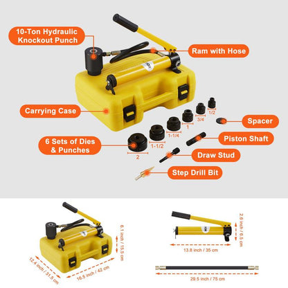 VEVOR Hydraulic Knockout Punch Kit, 15 Ton 1/2" to 4" Conduit Hole Cutter Set, KO Tool Kits with Puncher 10 Piece, Metal Sheet Driver Tools, for Aluminum, Brass, Stainless Steel, Fiberglass and Plasti