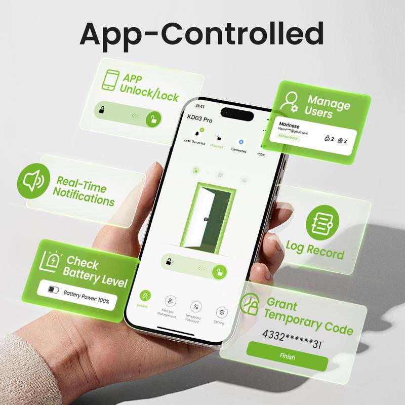 [New Arrival] Ghome Smart 4-In-1 Keyless Entry Door Knob – Rechargeable Battery, Biometric Fingerprint, Keypad, App & Bluetooth Control, Removable Charging for Easy Power Access