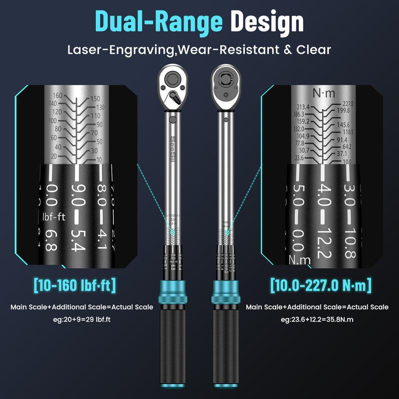 Seesii 8Pcs Click Torque Wrench Set (1/4", 3/8", 1/2" Drive) ±3% Ultra-Precise, 72-Tooth Dual Scale for Bike/Motorcycle/Car Repair,Ch450