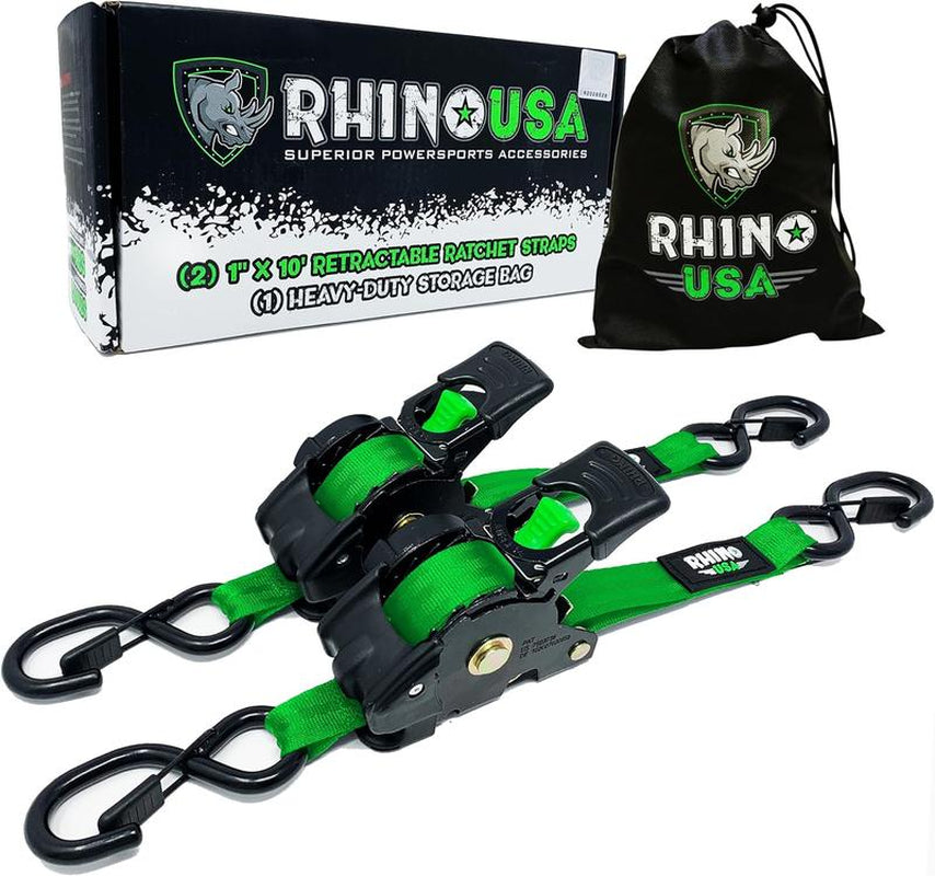 Rhino USA 1" X 10' Retractable Ratchet Straps (Select 2 Pack or 4 Pack) - Heavy Duty Self Retracting Tie down Straps for Truck, Cargo Trailer