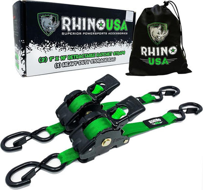 Rhino USA 1" X 10' Retractable Ratchet Straps (Select 2 Pack or 4 Pack) - Heavy Duty Self Retracting Tie down Straps for Truck, Cargo Trailer