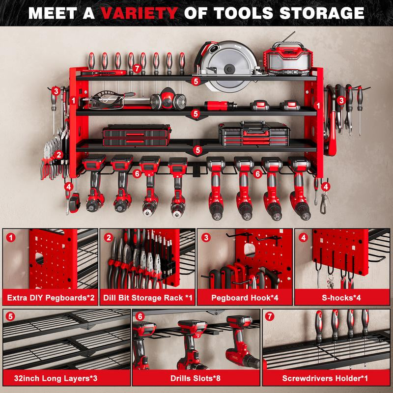 HAUSNEED-001/002/003 Tool Organizer Wall Mount, Tool Rack with 8 Drill Holders, 4 Layers Large Capacity Rack, Tool Room Storage, Ideal for Garage，Powertoolholder Heavy Duty