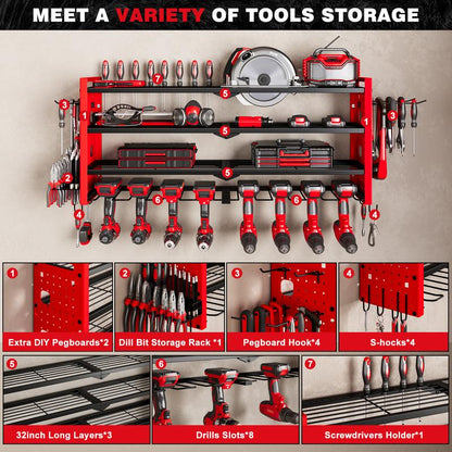 HAUSNEED-001/002/003 Tool Organizer Wall Mount, Tool Rack with 8 Drill Holders, 4 Layers Large Capacity Rack, Tool Room Storage, Ideal for Garage，Powertoolholder Heavy Duty