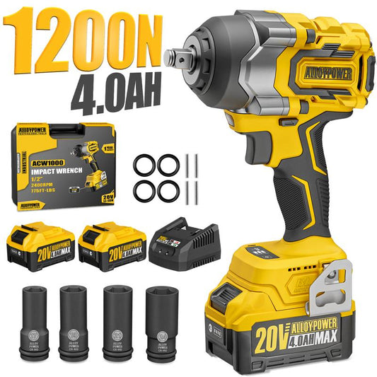 Alloyman Cordless Impact Wrench, 900Ft-Lbs -1200N.M 1/2 High Torque Brushless Impact Gun, 20V Power Impact Driver, 2 × 4.0Ah Battery,3 Sockets, Brushless Motor Variable Speeds for Car/Truck Rv/Mower