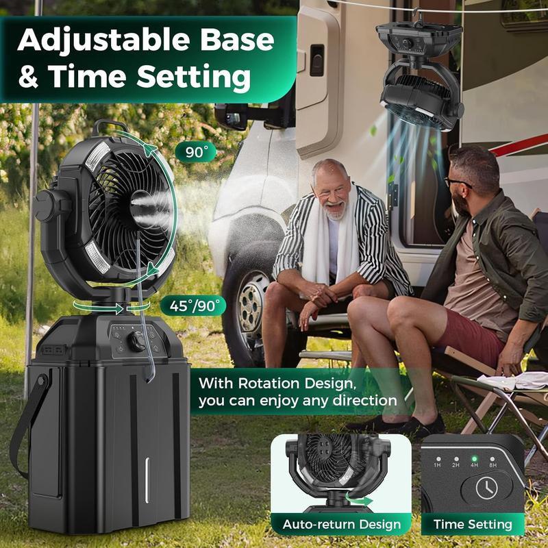 Youngsa Portable Camping Misting Fan with 6L Bucket 32000Mah Rechargeable Multifunction Fan,Infinitely Variable Speed,4 Spray Mister with LED Lantern,Remote & Hook for Patios,Fishing,Travel,Garden Party,Golf,Outside Fathersdaygift