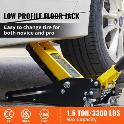 1.5 Ton Low Profile Aluminum Steel Racing Floor Jack Dual Pump Lift Car Heavy-Duty Steel Durable Aluminum Construction