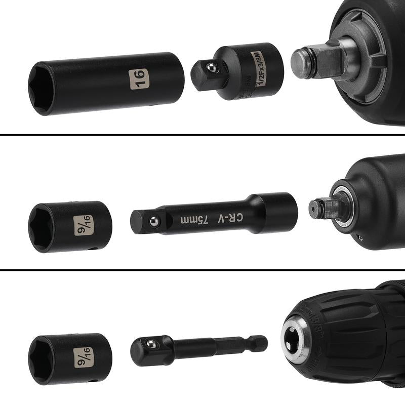 49 Pieces 3/8" Drive Impact Socket Set, 5/16"-3/4", 8-22MM, Sae/Metric, 6 Point, CR-V, Includes Extension Bar, Adapter, Universal Joint Tool Box Heavy Duty Hardware Industrial