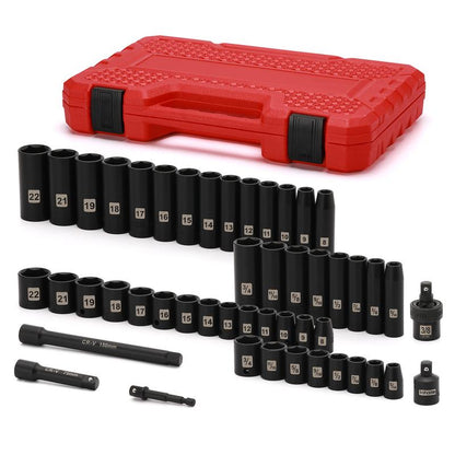 49 Pieces 3/8" Drive Impact Socket Set, 5/16"-3/4", 8-22MM, Sae/Metric, 6 Point, CR-V, Includes Extension Bar, Adapter, Universal Joint Tool Box Heavy Duty Hardware Industrial