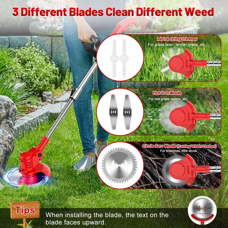 Weed Wacker Cordless, 3 in 1 Portable String Trimmer with 23 Blades Multi-Blade , 125Cm Adjustable Lightweight Brushless Electric Garden Strimmer with 2 Battery, Metal Blade Strimmer for Lawn Care Shrub Trimming Tool Power