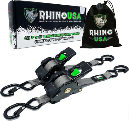 Rhino USA 1" X 10' Retractable Ratchet Straps (Select 2 Pack or 4 Pack) - Heavy Duty Self Retracting Tie down Straps for Truck, Cargo Trailer