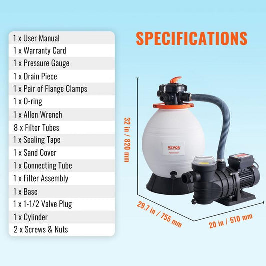 VEVOR Sand Filter Pump for above Ground Pools, Various Specifications, Fathersdaygift, Swimming Pool Pumps System & Filters Combo Set with 6-Way Multi-Port Valve & Strainer Basket, for Domestic and Commercial Pools