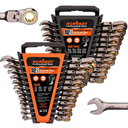 HORUSDY Flex-Head Ratcheting Wrench Set | Metric and SAE | Ratchet Combination Wrenches Set with Organizer | 72-Teeth | Chrome Vanadium Steel Hardware