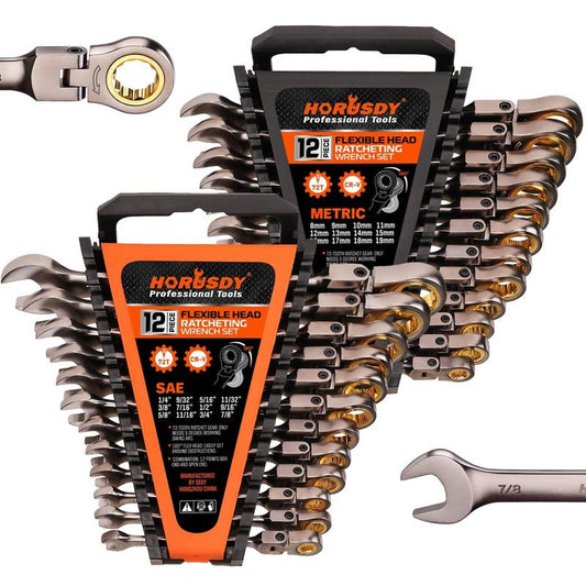 HORUSDY Flex-Head Ratcheting Wrench Set | Metric and SAE | Ratchet Combination Wrenches Set with Organizer | 72-Teeth | Chrome Vanadium Steel Hardware