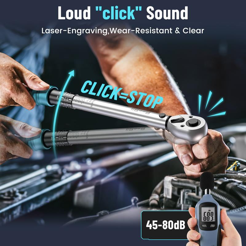 Seesii 8Pcs Click Torque Wrench Set (1/4", 3/8", 1/2" Drive) ±3% Ultra-Precise, 72-Tooth Dual Scale for Bike/Motorcycle/Car Repair,Ch450
