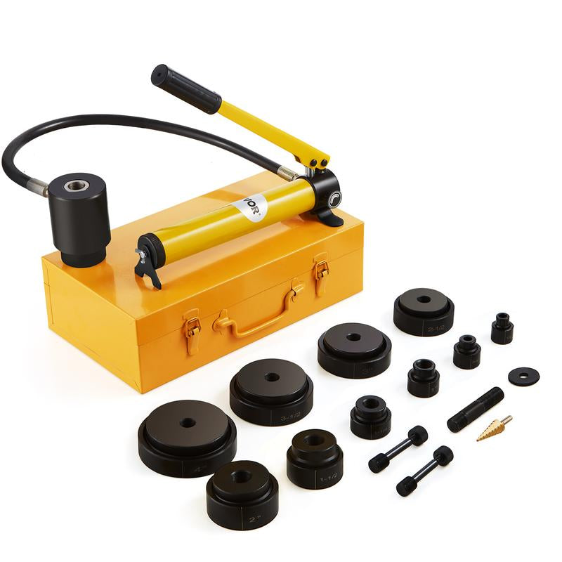 VEVOR Hydraulic Knockout Punch Kit, 15 Ton 1/2" to 4" Conduit Hole Cutter Set, KO Tool Kits with Puncher 10 Piece, Metal Sheet Driver Tools, for Aluminum, Brass, Stainless Steel, Fiberglass and Plasti