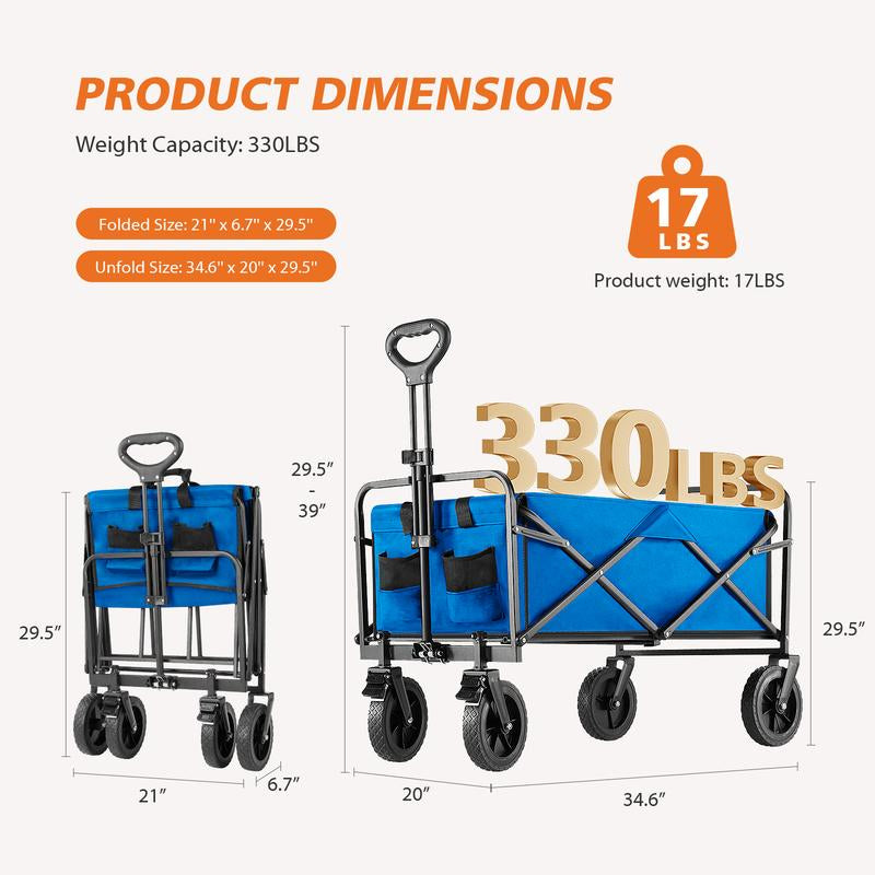 Collapsible Foldable Wagon Cart, Large Capacity Garden Beach Cart with All-Terrain Wheels, Heavy Duty Utility Grocery Wagon with Drink Holders for Shopping Sports Camping