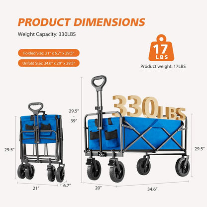 Collapsible Foldable Wagon Cart, Large Capacity Garden Beach Cart with All-Terrain Wheels, Heavy Duty Utility Grocery Wagon with Drink Holders for Shopping Sports Camping