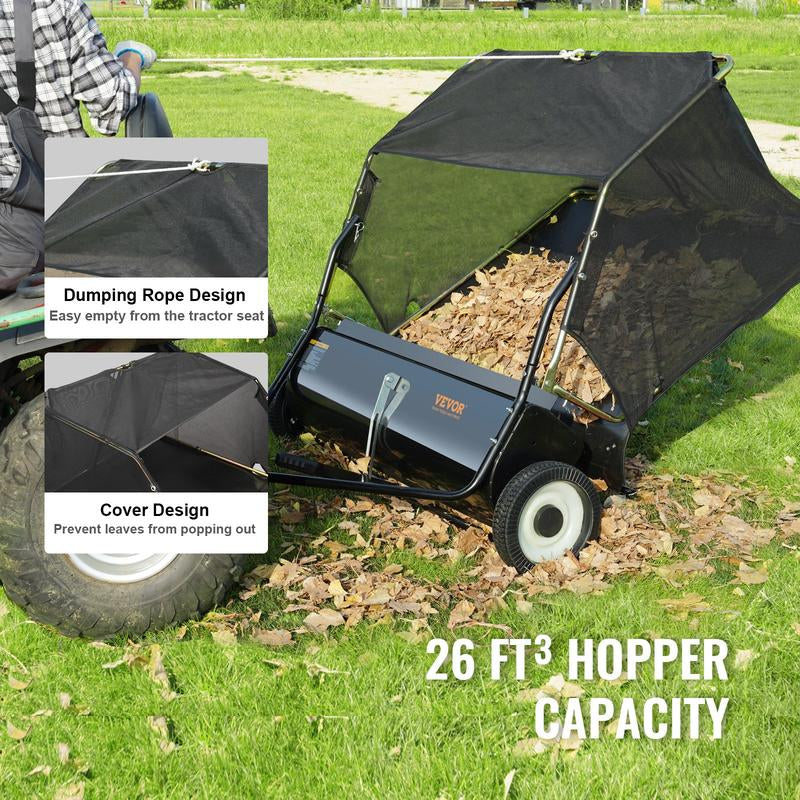 VEVOR Tow behind Lawn Sweeper, Pull behind Lawn Sweeper 50", 26 Cu. Ft Large Capacity Leaf & Grass Collector, with Adjustable Sweeping Height and Dumping Rope Design for Picking up Debris and Grass Powerful Spinning