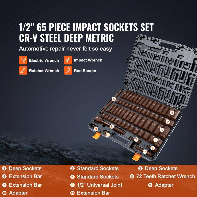 VEVOR 1/2" Drive Impact Socket Set, 65 Piece Socket Set SAE 3/8" to 1-1/4" and Metric 10-24Mm, 6 Point Cr-V Alloy Steel for Auto Repair, Rugged Construction, Easy-To-Read Size Markings, Storage Case Heavy Duty Fathersdaygift
