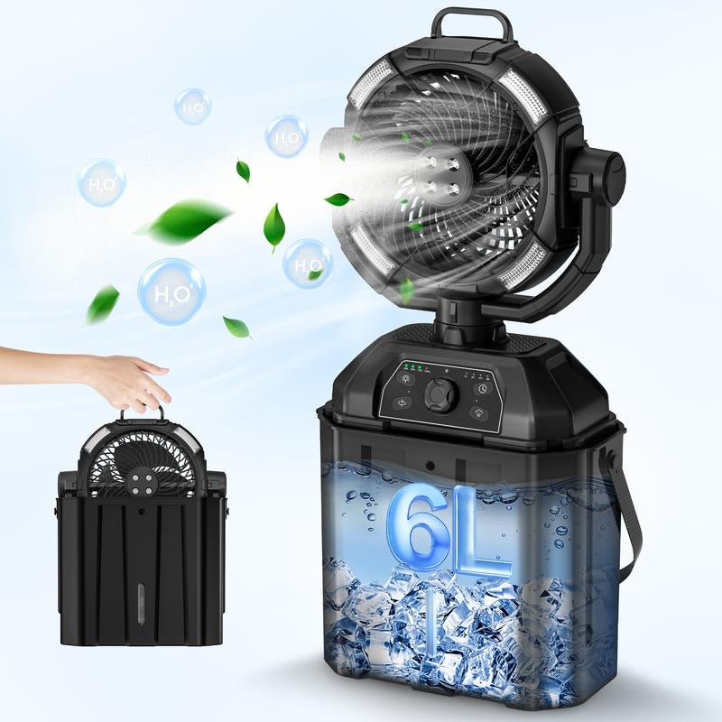 Youngsa Portable Camping Misting Fan with 6L Bucket 32000Mah Rechargeable Multifunction Fan,Infinitely Variable Speed,4 Spray Mister with LED Lantern,Remote & Hook for Patios,Fishing,Travel,Garden Party,Golf,Outside Fathersdaygift