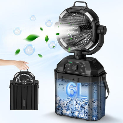 Youngsa Portable Camping Misting Fan with 6L Bucket 32000Mah Rechargeable Multifunction Fan,Infinitely Variable Speed,4 Spray Mister with LED Lantern,Remote & Hook for Patios,Fishing,Travel,Garden Party,Golf,Outside Fathersdaygift