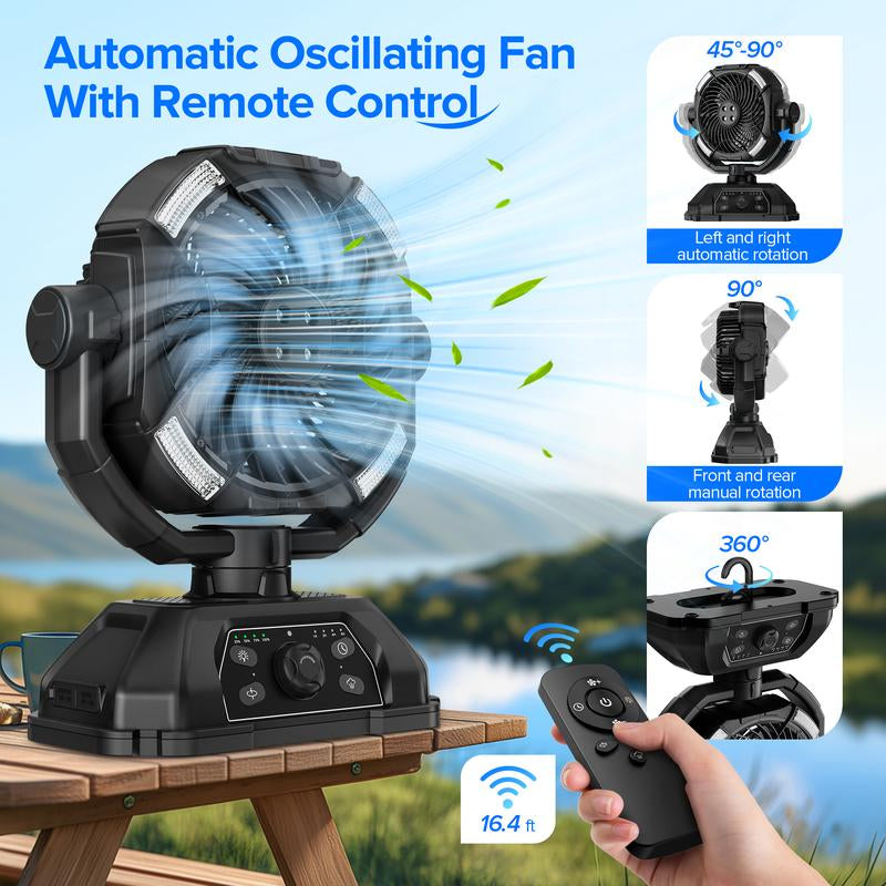 Youngsa Portable Camping Misting Fan with 6L Bucket 32000Mah Rechargeable Multifunction Fan,Infinitely Variable Speed,4 Spray Mister with LED Lantern,Remote & Hook for Patios,Fishing,Travel,Garden Party,Golf,Outside Fathersdaygift