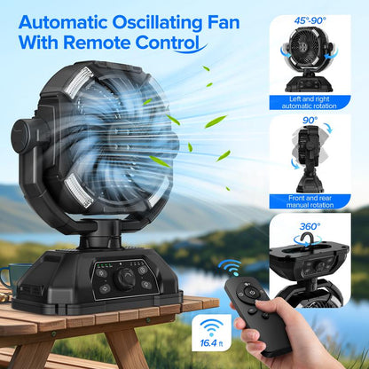 Youngsa Portable Camping Misting Fan with 6L Bucket 32000Mah Rechargeable Multifunction Fan,Infinitely Variable Speed,4 Spray Mister with LED Lantern,Remote & Hook for Patios,Fishing,Travel,Garden Party,Golf,Outside Fathersdaygift
