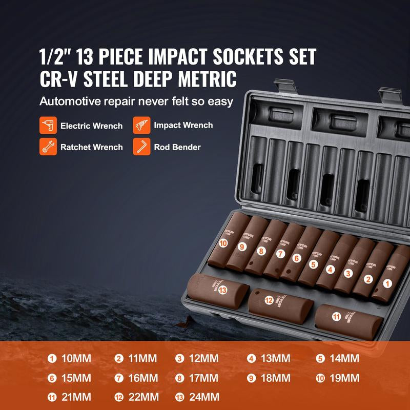 VEVOR 1/2" Drive Impact Socket Set, 65 Piece Socket Set SAE 3/8" to 1-1/4" and Metric 10-24Mm, 6 Point Cr-V Alloy Steel for Auto Repair, Rugged Construction, Easy-To-Read Size Markings, Storage Case Heavy Duty Fathersdaygift